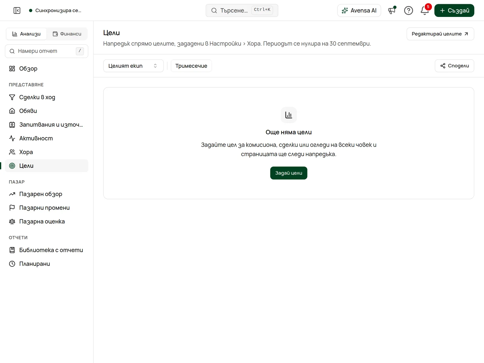 Отчетът Цели: напредък на екипа, темпо и статус по брокер.