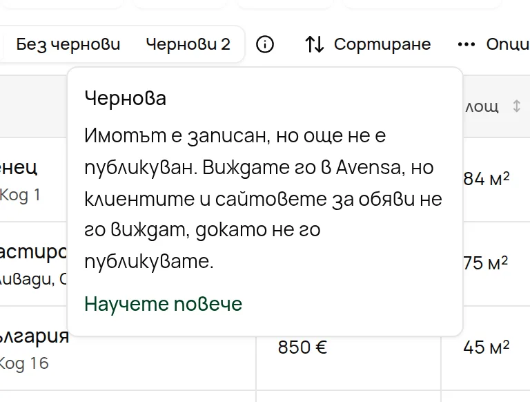 Обяснението на „Чернова“ на страницата Имоти