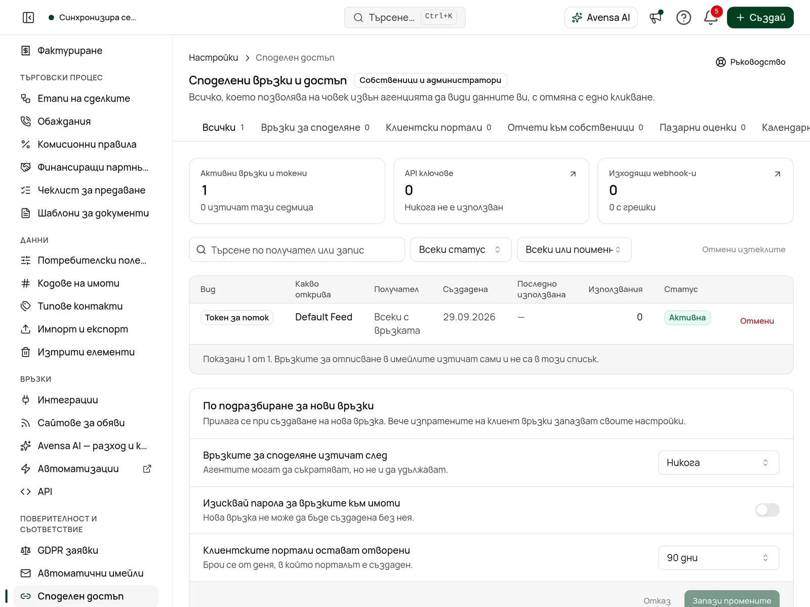 Всичко, споделено извън работното пространство, с бутон за отмяна на всеки ред