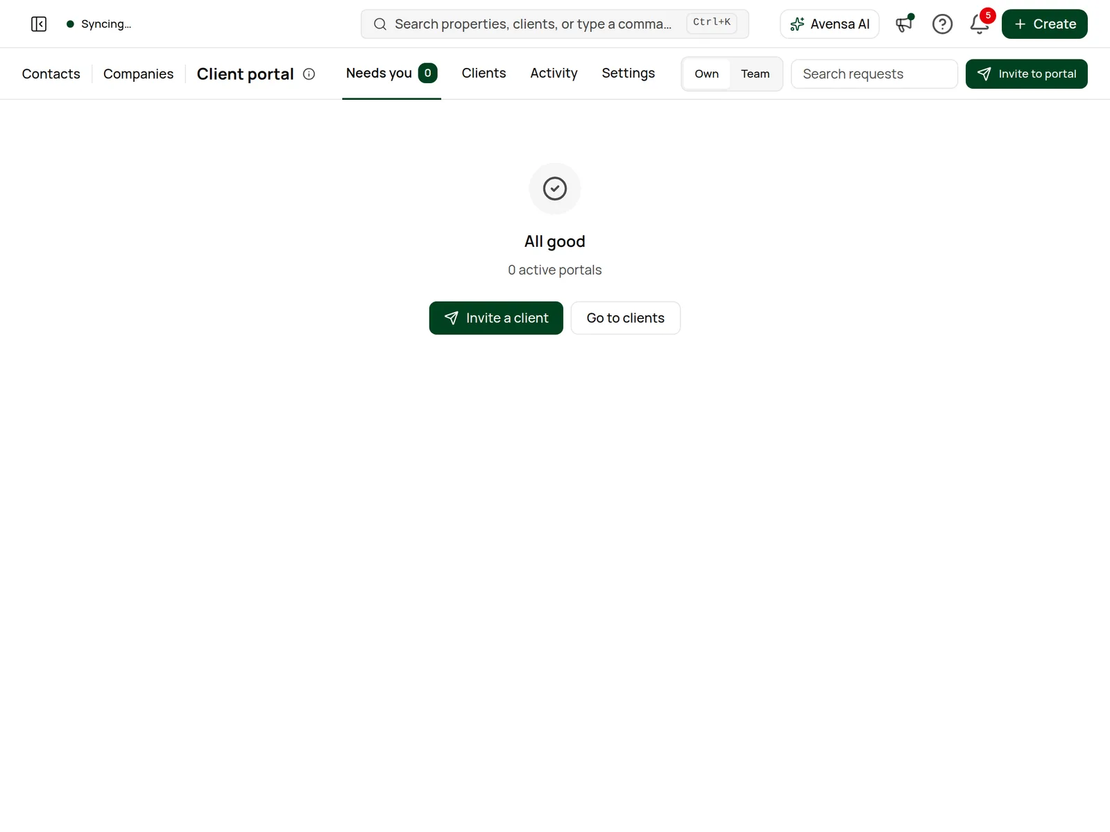 The Client portal hub on the Needs you tab