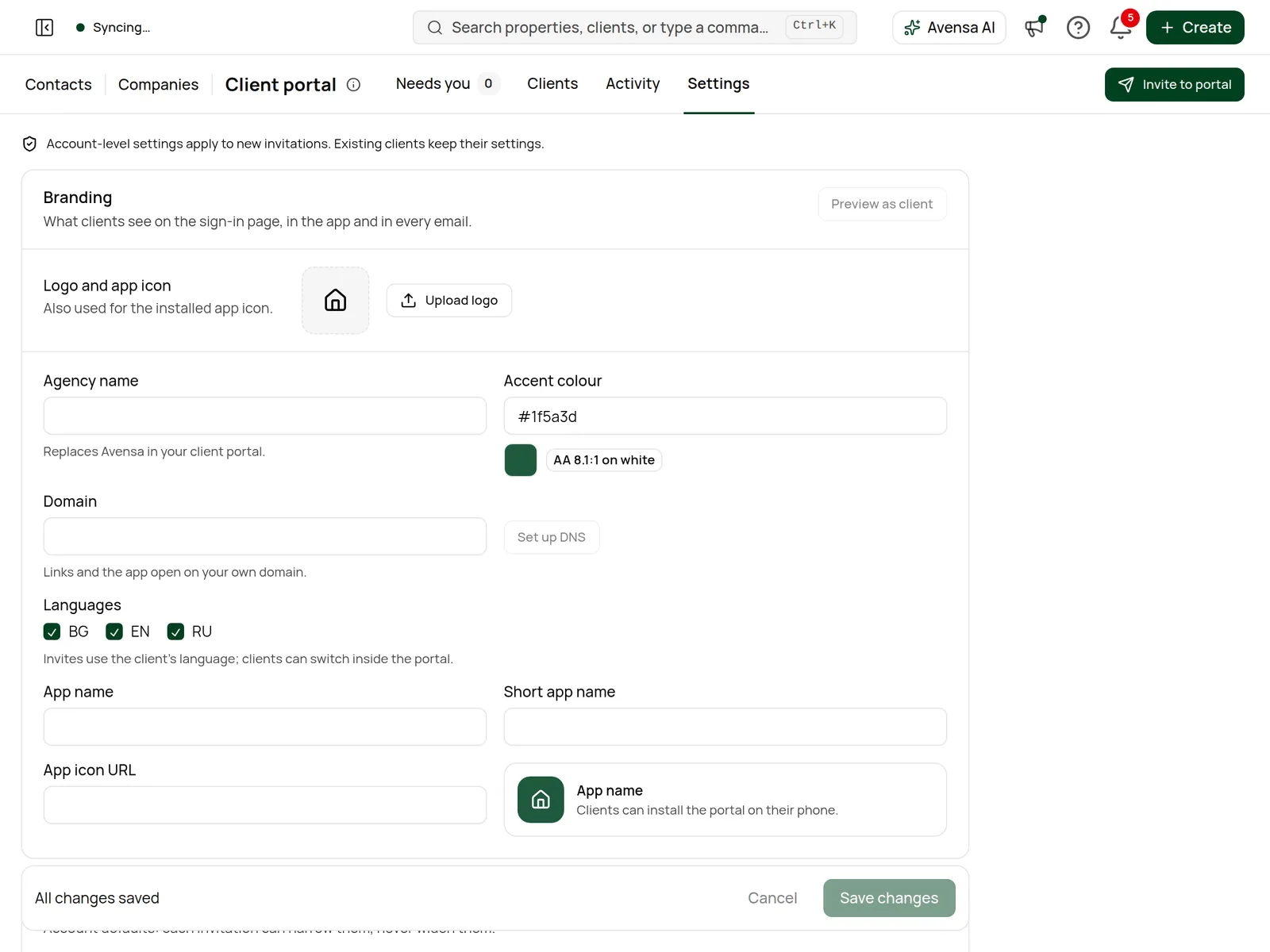 The client portal Settings tab